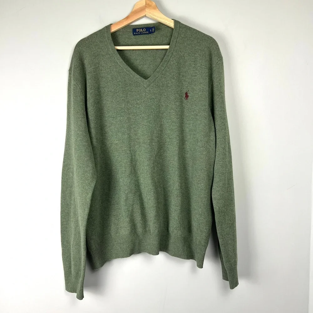 Polo Ralph Lauren Mens L 100% Merino Wool V-Neck Sweater Pony Preppy Old Money
